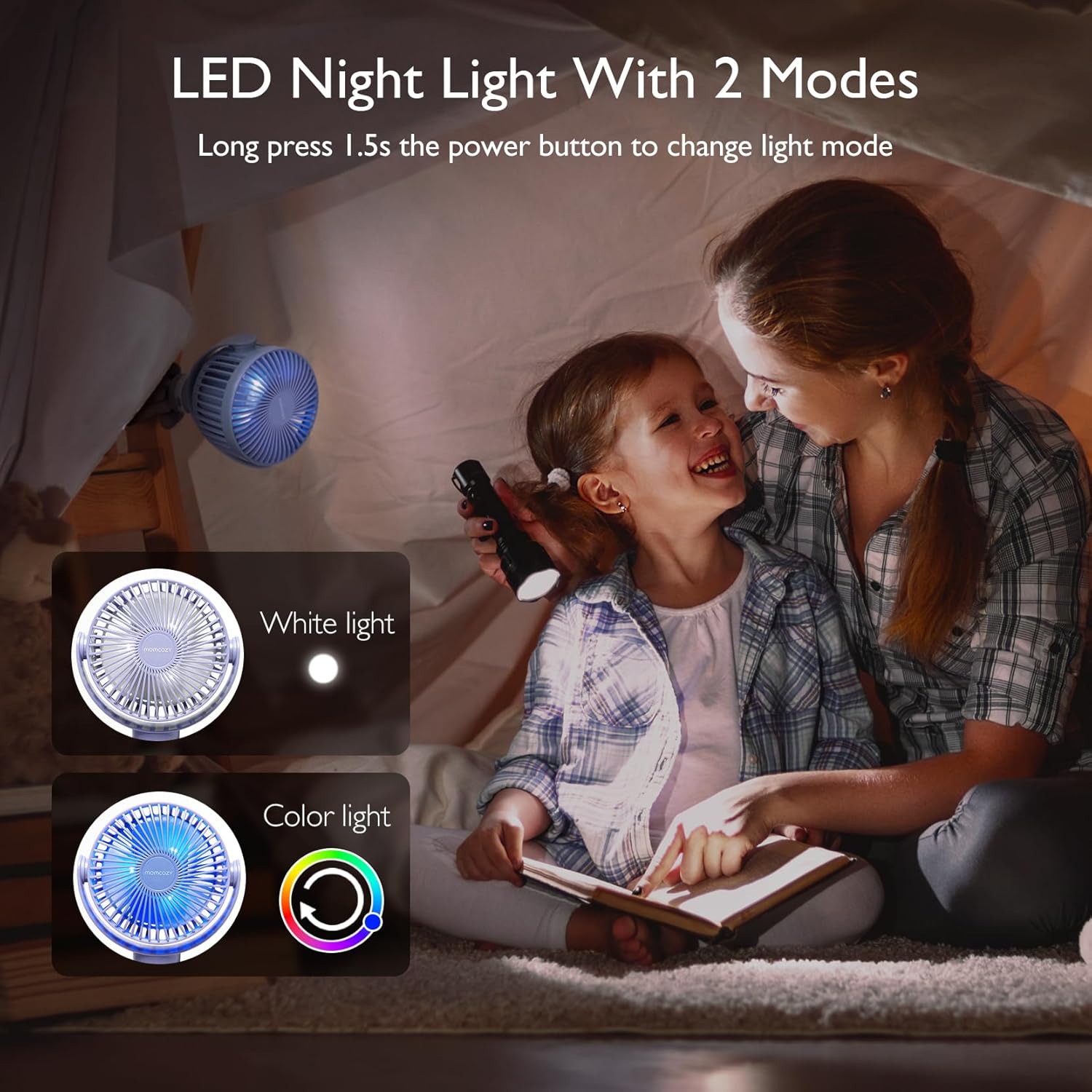 Momcozy Portable Stroller Fan, 27H Ultra-long Battery Life, Detachable 4 Speed 360°Rotate, LED Night Light with 2 Modes, USB Rechargeable and Handheld Cooling Fan for Travel, Car Seat - PuriLite