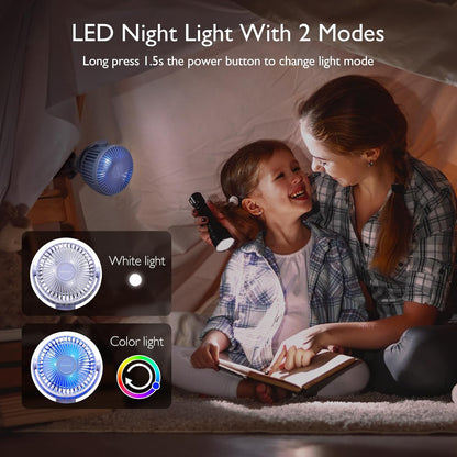 Momcozy Portable Stroller Fan, 27H Ultra-long Battery Life, Detachable 4 Speed 360°Rotate, LED Night Light with 2 Modes, USB Rechargeable and Handheld Cooling Fan for Travel, Car Seat - PuriLite