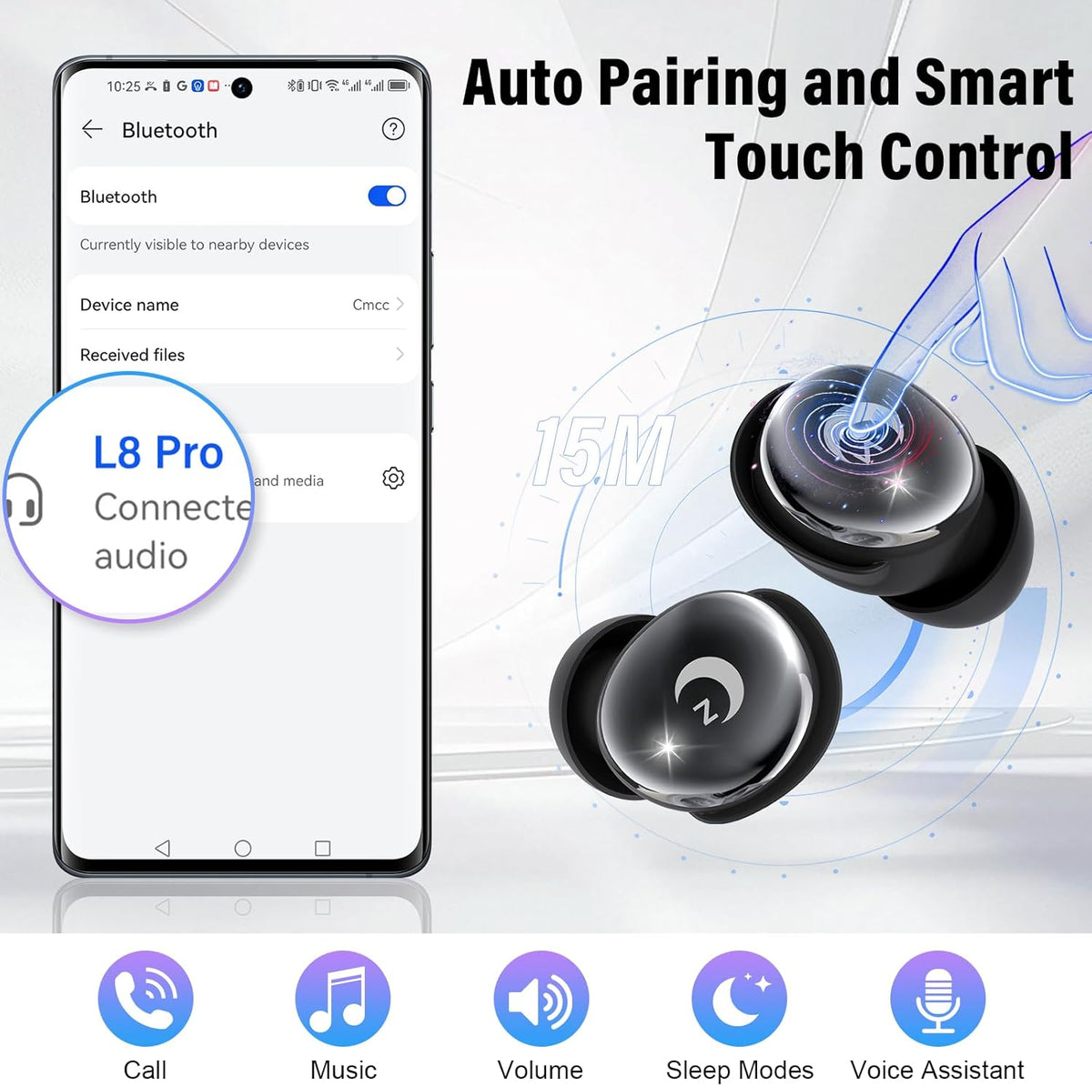 VEKJ Sleep Earbuds, Bluetooth 5.4 Mini Wireless Ear Euds with Multifunctional Touch Screen, 48H Bass Stereo Headphones with Sleep Mode/5 EQ Modes/ENC Noise Cancelling, IPX7 Earphones for iOS Android - PuriLite