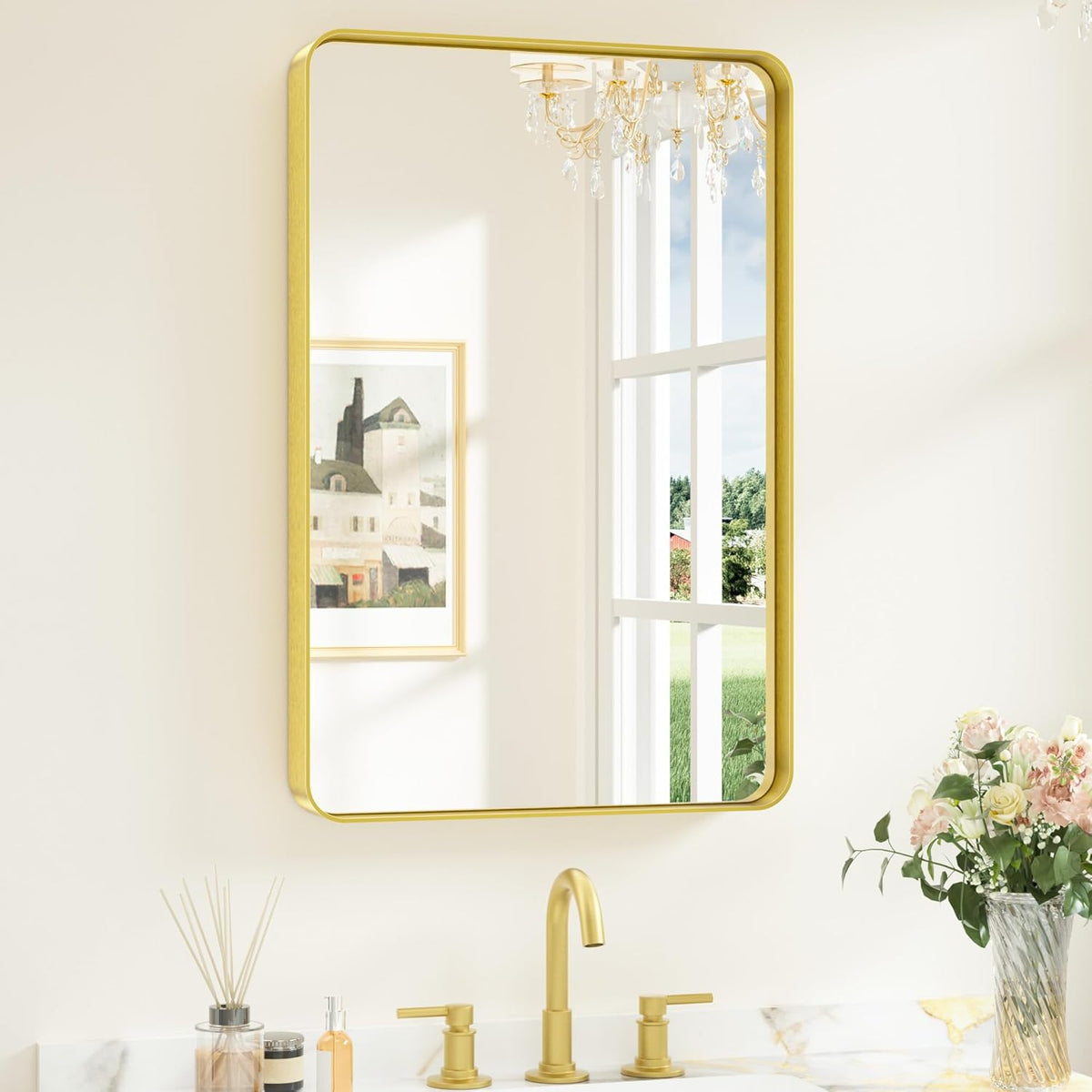 Keonjinn 42 x 36 Brushed Nickel Bathroom Vanity Mirror, Large Rounded Rectangle Bathroom Mirrors for over Sink, Metal Framed Silver Mirror for Wall, Shatterproof HD Tempered Glass(Horizontal/Vertical) - PuriLite