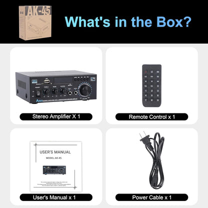 Stereo Receiver Amplifier Home Audio Amp, AK45 Bluetooth Receiver for Home Stereo, 300Wx2, Bluetooth 5.0, 2 Channel Amp with USB/SD/RCA/MIC/FM and Remote for Karaoke Party - PuriLite