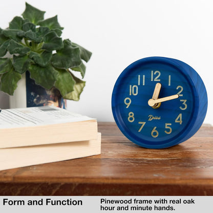 Driini Wooden Desk & Table Analog Clock Made of Genuine Pine (Light) - Battery Operated with Precise Silent Sweep Mechanism - PuriLite