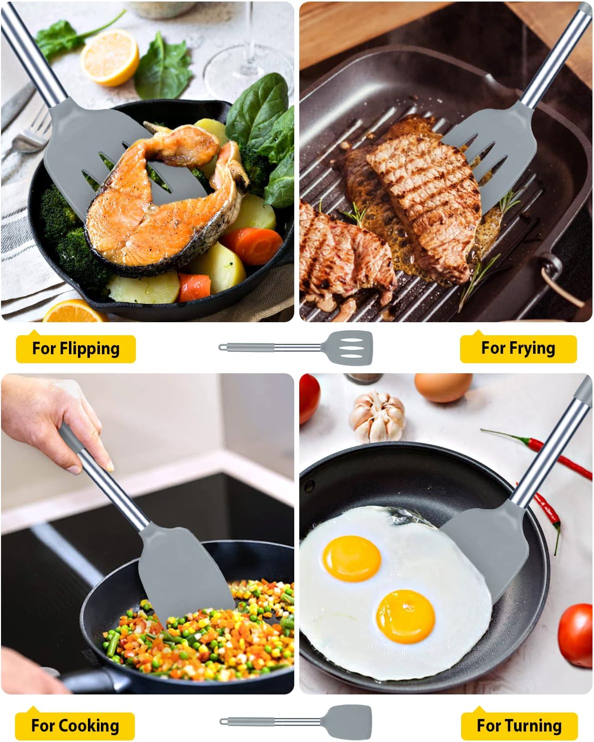 Pack of 2 Silicone Slotted Spatula,Non Stick Solid Kitchen Turner, High Heat Resistant BPA Free Cooking Utensils for Fish, Eggs, Pancakes（Black - PuriLite
