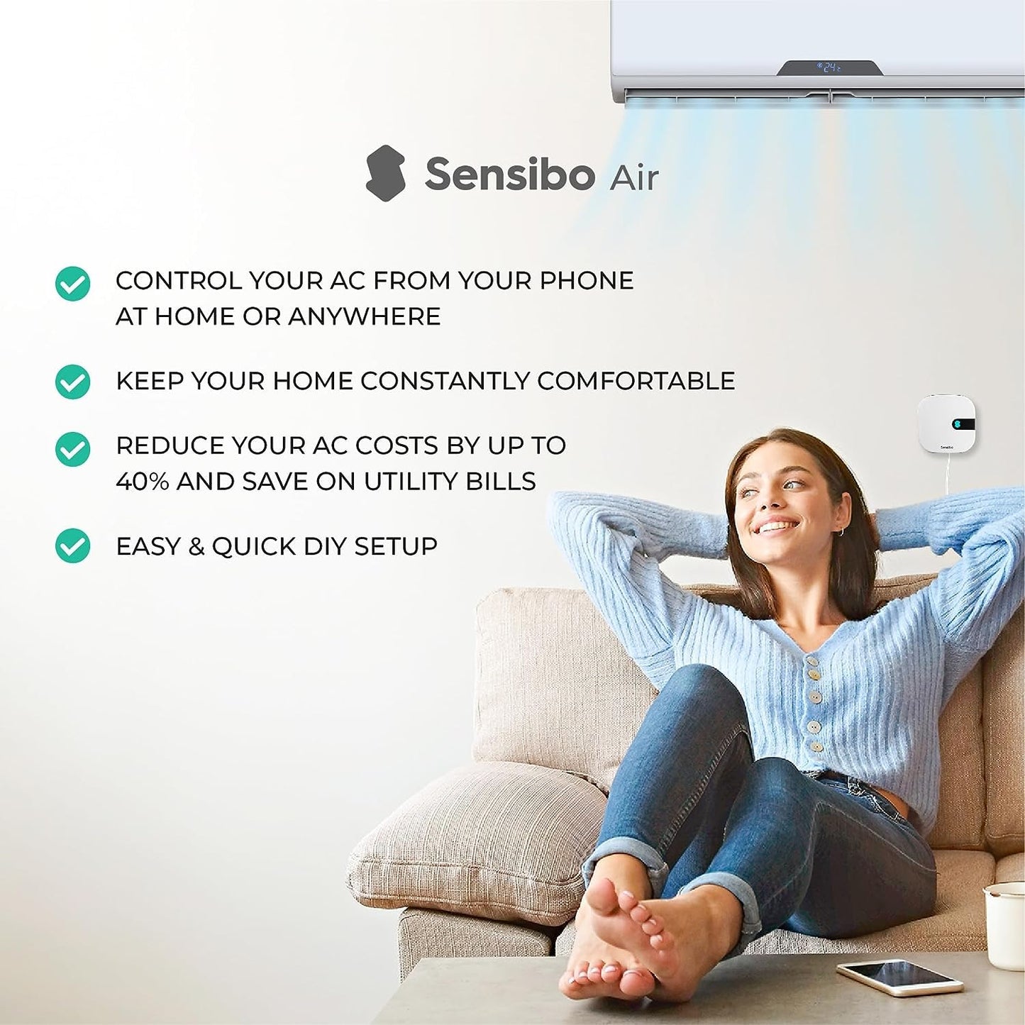 Sensibo Air PRO - Air Conditioner Smart Controller & Air Quality Sensor. Smart Thermostat for Mini Split, Window, Portable AC. Temp & Humidity Sensors. Google, Alexa, Siri & Apple HomeKit Compatible - PuriLite