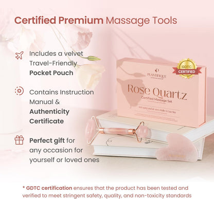 Plantifique Rose Quartz Gua Sha Facial Tool and Face Roller Set - Anti Aging Guasha Tool for Face, Eyes, Neck Massager for Lymphatic Drainage - Rouleau Visage