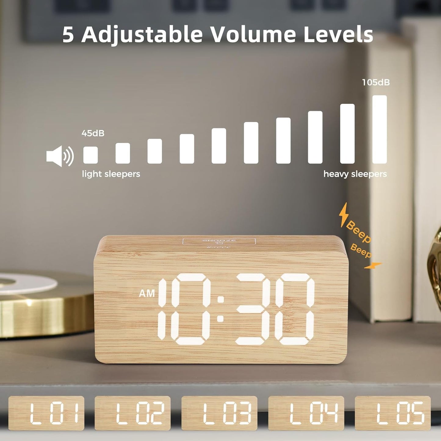 Purilite Select Wooden Digital Alarm Clock with Large LED Display - PuriLite