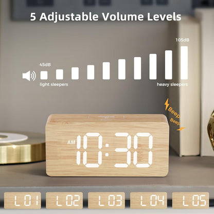 Purilite Select Wooden Digital Alarm Clock with Large LED Display - PuriLite