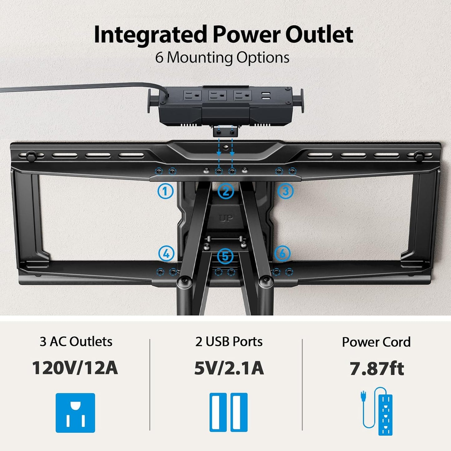 Pipishell Full Motion TV Wall Mount with Power Strip for 42–90 Inch TVs up to 150 lbs, Pre-Assembled TV Mount Has Smooth Swivel, Tilt, Extension, Max VESA 600x400mm, 12“/16”/24” Wood Studs, PILF19 - PuriLite