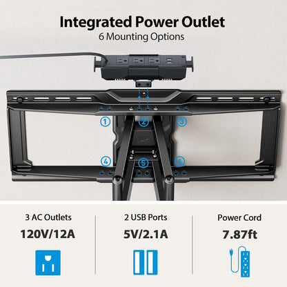 Pipishell Full Motion TV Wall Mount with Power Strip for 42–90 Inch TVs up to 150 lbs, Pre-Assembled TV Mount Has Smooth Swivel, Tilt, Extension, Max VESA 600x400mm, 12“/16”/24” Wood Studs, PILF19 - PuriLite