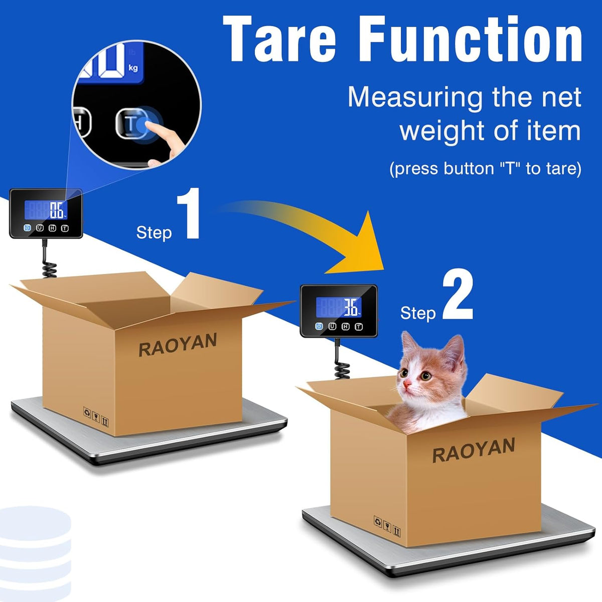 RAOYAN Shipping Scale, 660 lb / 1 oz High Accuracy Digital Postal Scale with LCD Display, Hold/Tare Function, Shipping Scale for Package, Luggage, Warehouse (Including 2 Batteries, Charging Cable) - PuriLite