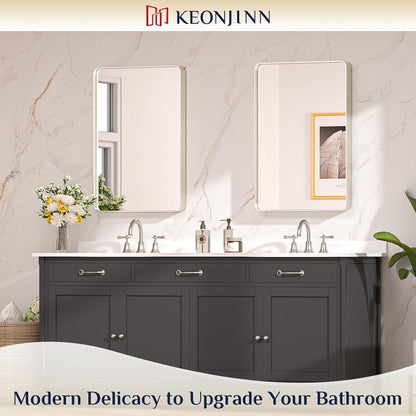 Keonjinn 42 x 36 Brushed Nickel Bathroom Vanity Mirror, Large Rounded Rectangle Bathroom Mirrors for over Sink, Metal Framed Silver Mirror for Wall, Shatterproof HD Tempered Glass(Horizontal/Vertical) - PuriLite