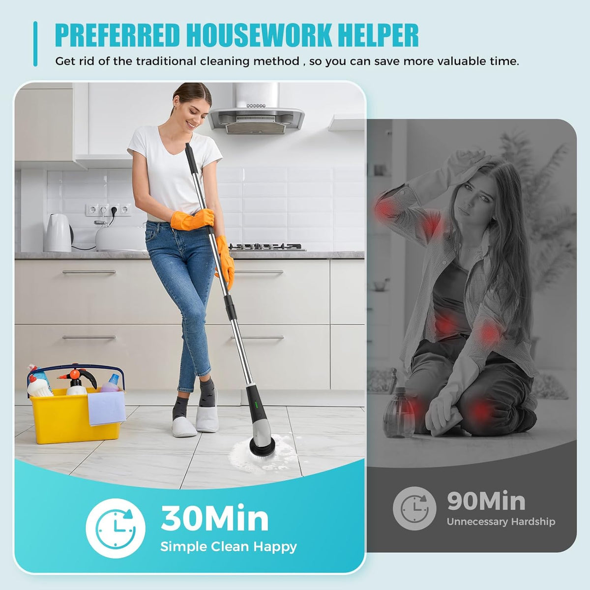 YKYI Electric Spin Scrubber,Cordless Electric Cleaning Brush,Shower Scrubber with 8 Replaceable Brush Heads,Power Scrubber 2 Adjustable Speeds,Bathroom Brush with Long Handle for Bathtub,Tile,Floor - PuriLite