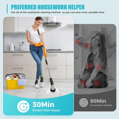 YKYI Electric Spin Scrubber,Cordless Electric Cleaning Brush,Shower Scrubber with 8 Replaceable Brush Heads,Power Scrubber 2 Adjustable Speeds,Bathroom Brush with Long Handle for Bathtub,Tile,Floor - PuriLite
