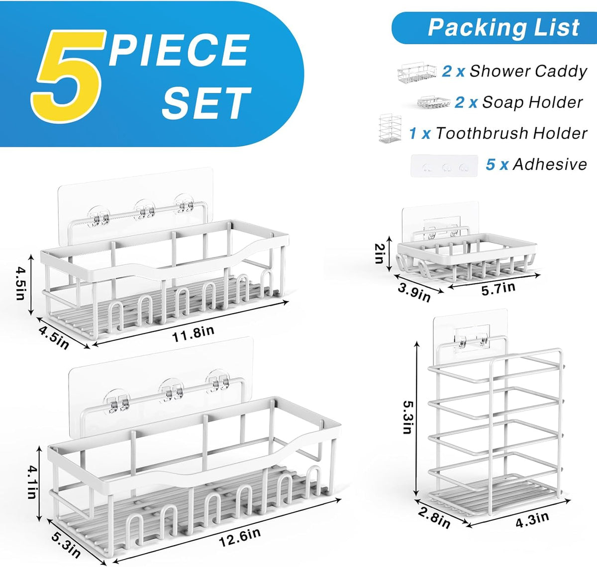 EUDELE 5-Pack Rustproof Stainless Steel Shower Caddy – No Drill Adhesive Bathroom Organizer with Large Capacity, Spacious Shower Shelves for Inside Shower, Kitchen & Home Decor Storage - PuriLite