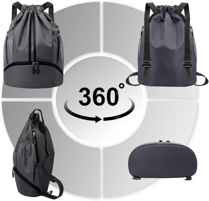 Hoedia Sports Drawstring Backpack - String Swim Gym Bag with Shoes Compartment and Wet Proof Pocket for Women/Men - PuriLite