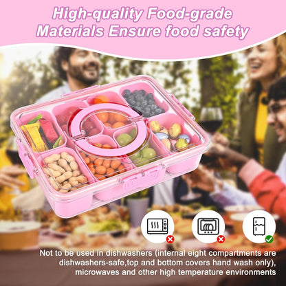 KIGITIONE Snackle Box, Pink 8 Compartments Portable Serving Tray, Divided Snackle Box Container with Lid and Handle, Snack Organizer for Fruits, Snacks, Nuts, Candy, Ideal for Party, Travel & Picnics - PuriLite