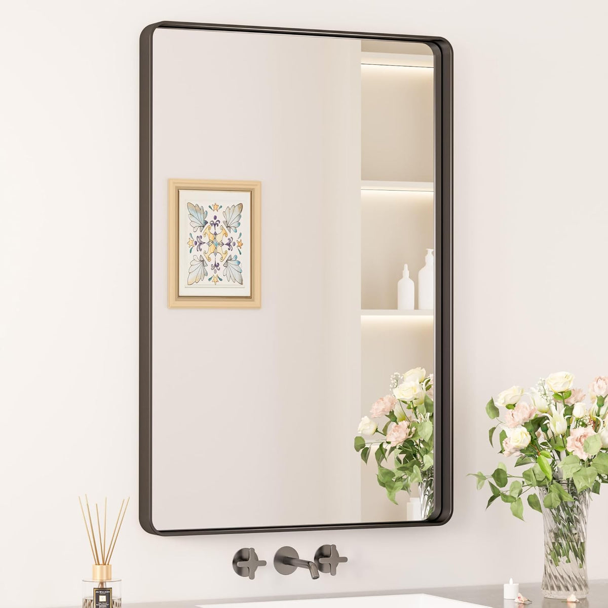 Keonjinn 42 x 36 Brushed Nickel Bathroom Vanity Mirror, Large Rounded Rectangle Bathroom Mirrors for over Sink, Metal Framed Silver Mirror for Wall, Shatterproof HD Tempered Glass(Horizontal/Vertical) - PuriLite