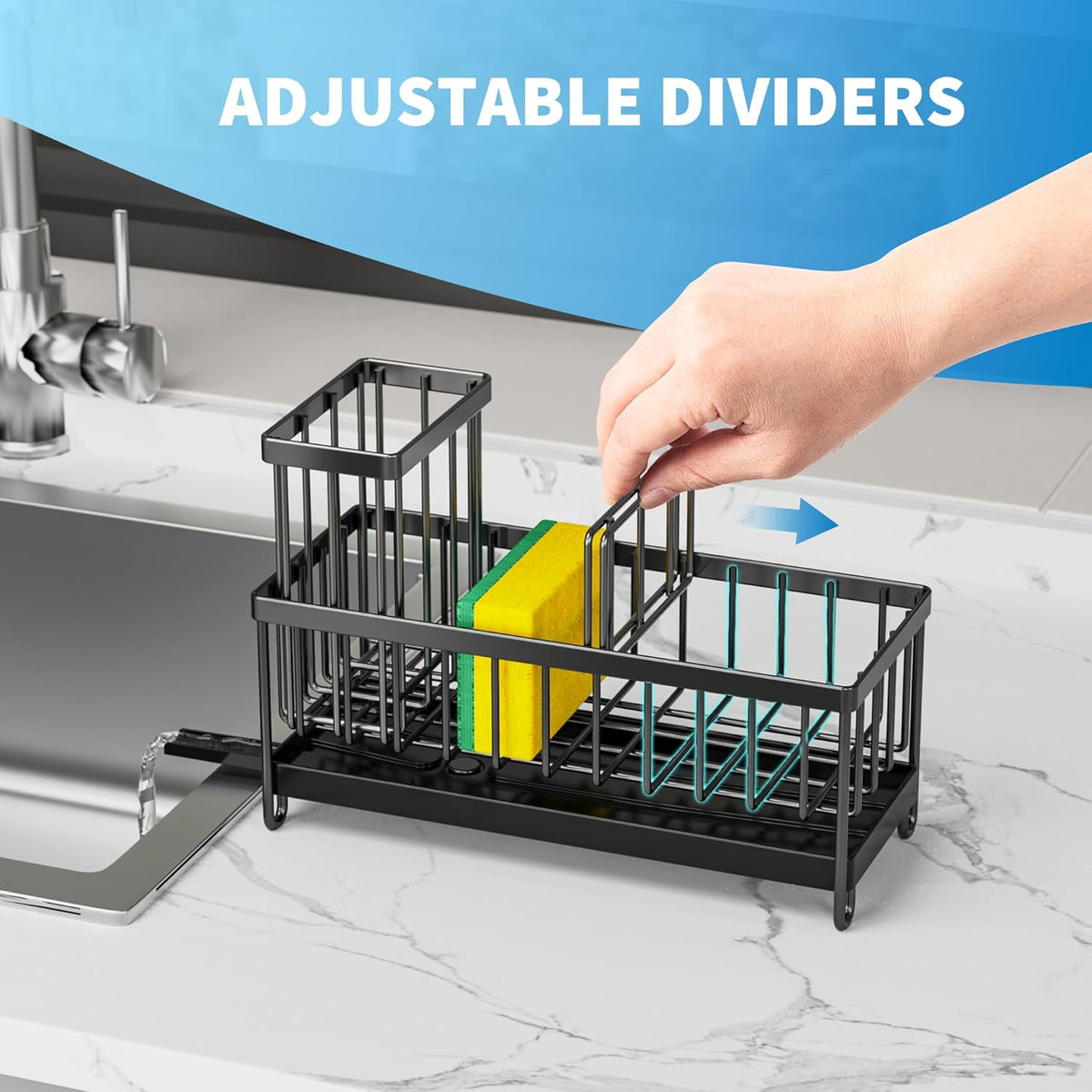 Cisily Sponge Holder for Kitchen Sink, Sink Caddy with High Brush Holder, Organzier Rustproof 304 Stainless Steel Dish Organizer Divider, Soap Dispenser Storage (Black) - PuriLite