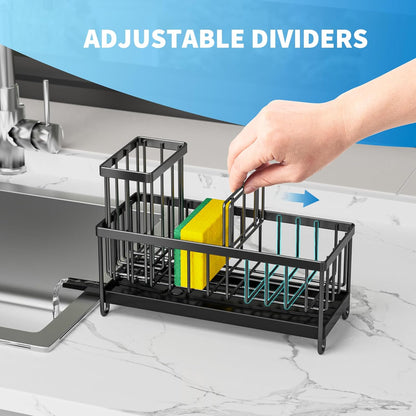 Cisily Sponge Holder for Kitchen Sink, Sink Caddy with High Brush Holder, Organzier Rustproof 304 Stainless Steel Dish Organizer Divider, Soap Dispenser Storage (Black) - PuriLite