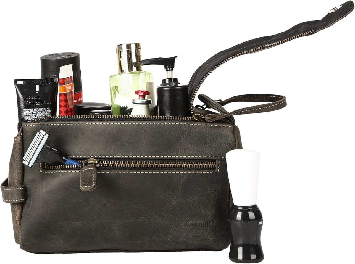 Premium Buffalo Leather Unisex Toiletry Bag Travel Dopp Kit Shaving kit (Distressed Tan) - PuriLite