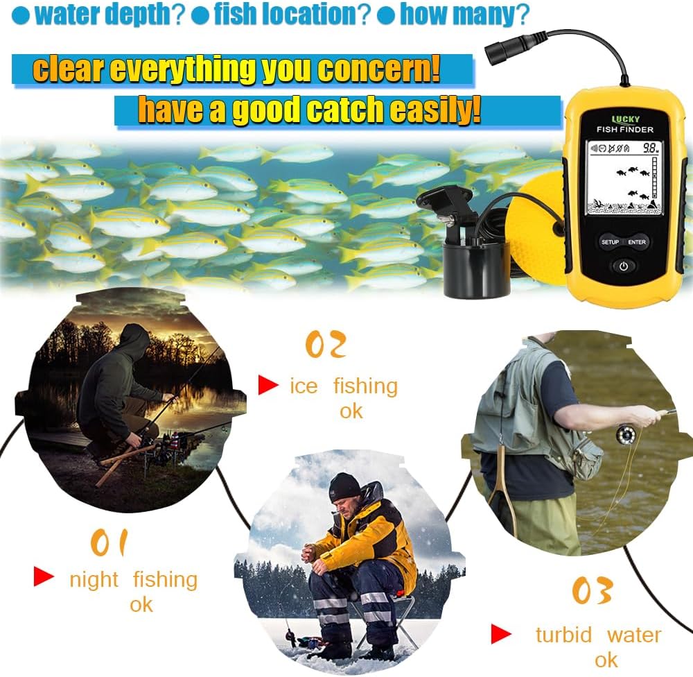 Lucky Kayak Handheld Fish Finder Sonar LCD Wired Fish Finder Transducer Boat Water Depth Finders Display FF1108-1 - PuriLite
