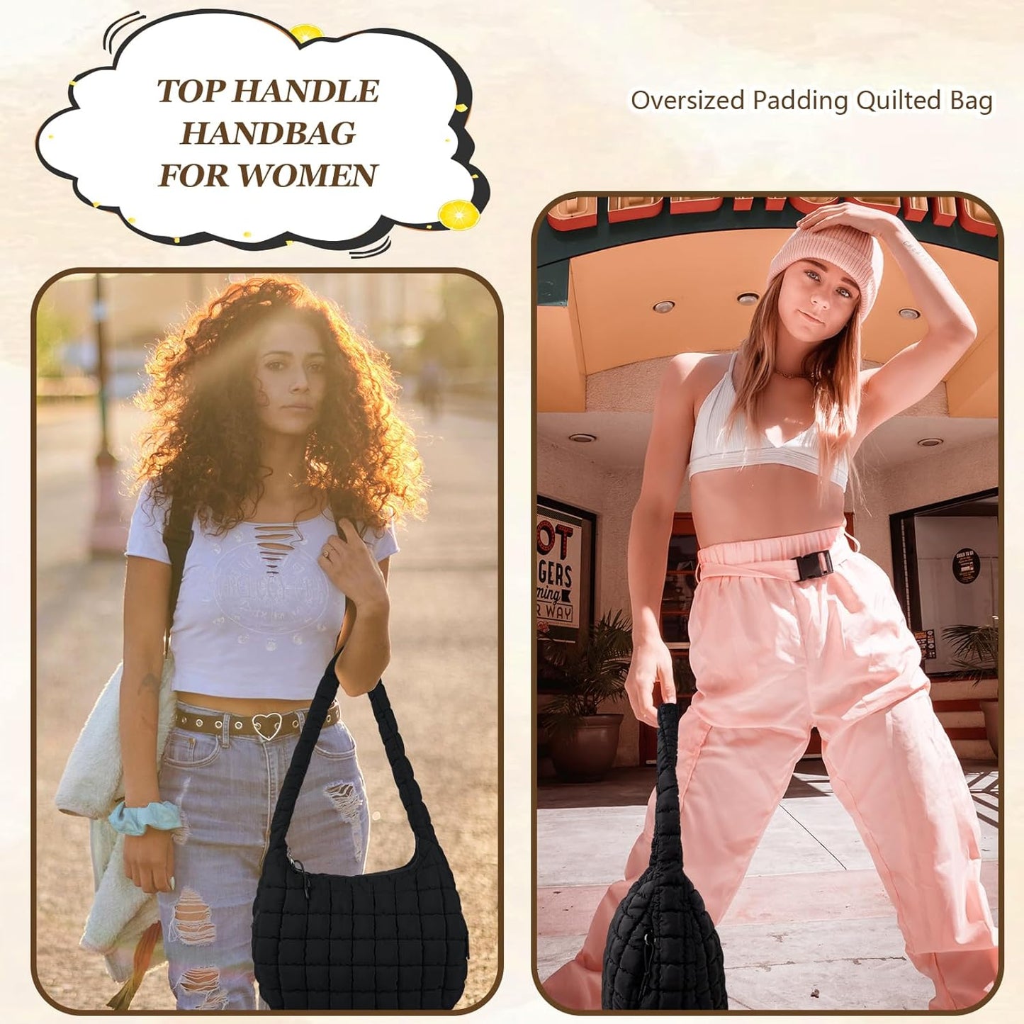 Quilted Puffer Tote Bag Large Crossbody Shoulder Bag with Zipper, Nylon Hobo Oversized Handbag - PuriLite