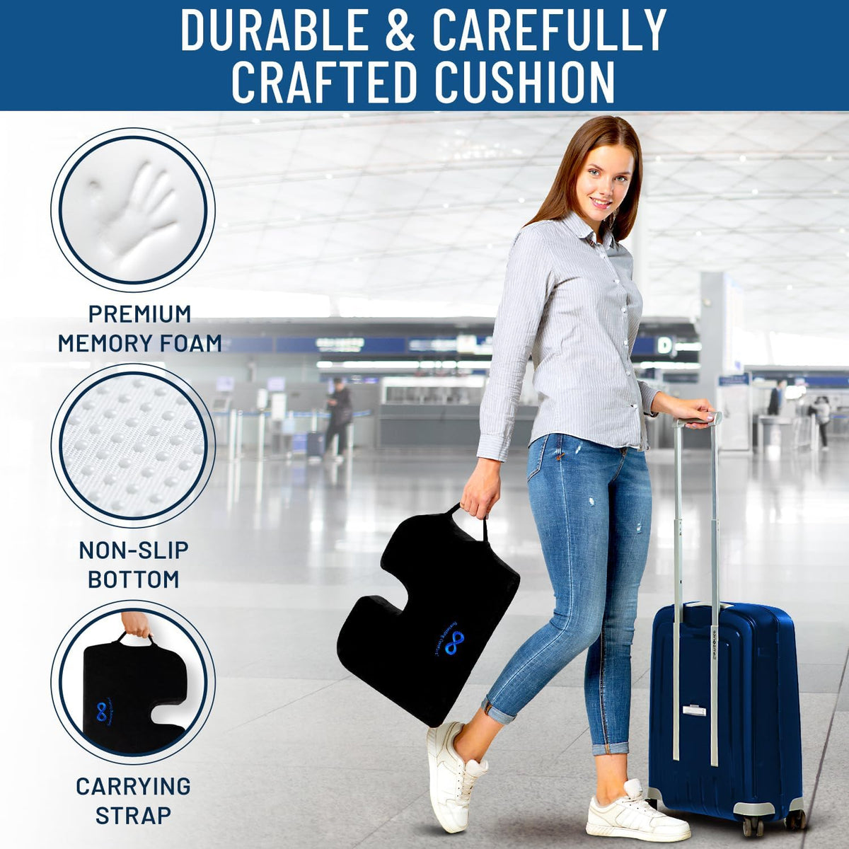 Everlasting Comfort Memory Foam Seat Cushion - Office Chair Cushion for Work, Travel, Car Support Pillow for Driving - Portable Seat for Chairs and Desks - Coussin Chaise - Black - PuriLite