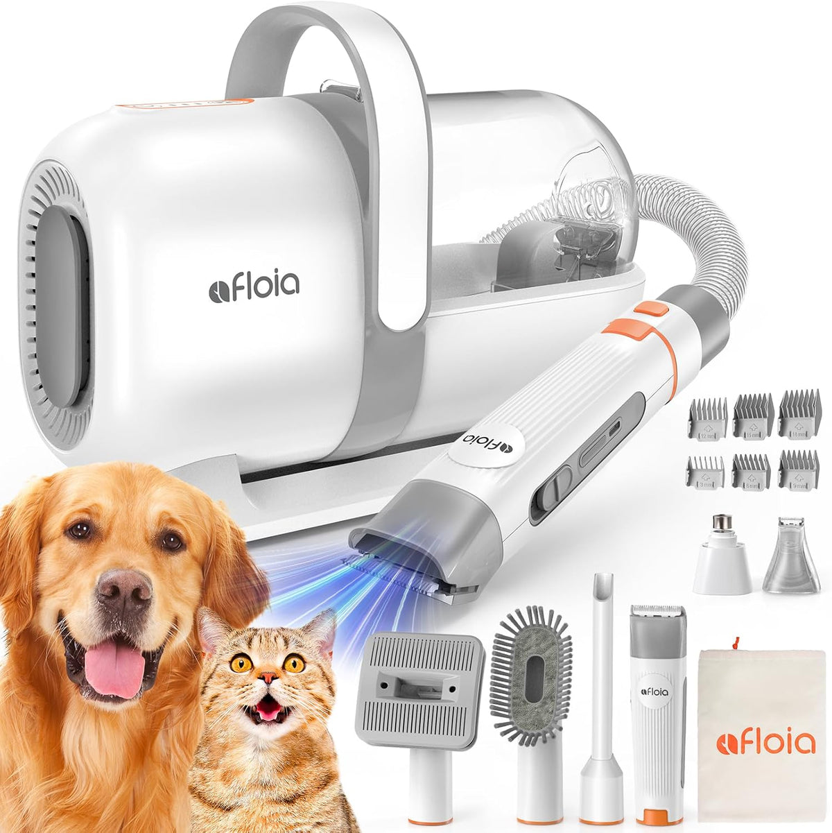 Afloia Dog Grooming Kit, Pet Grooming Vacuum & Dog Clippers Nail Trimmer Grinder & Dogs Brush for Shedding with 6 Pets Groom Tools, Low Noise Dogs Hair Remover Pets Supplies (White) - PuriLite