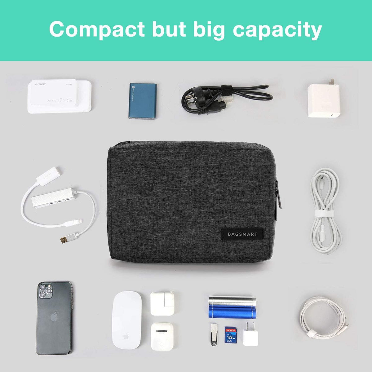BAGSMART Electronic Organizer, Travel Cable Organizer Double Layer Electronics Accessories Cases Portable for Tablet 7.9", USB Drive, Cords, Black - PuriLite