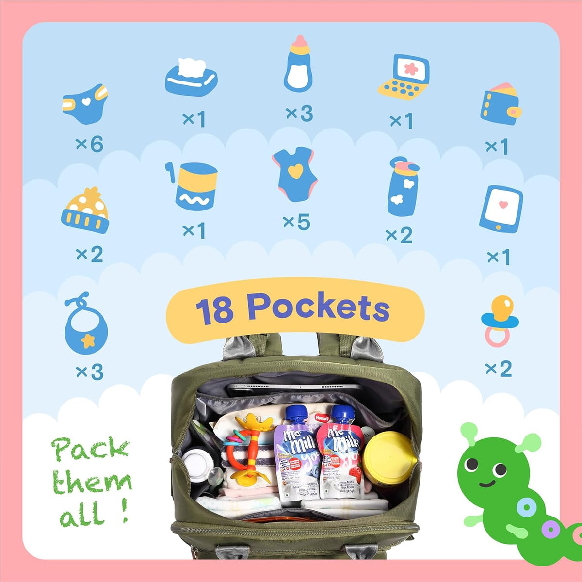 Diaper Bag Backpack, iniuniu Large Baby Bags with Diaper Pouch, Washable Changing Pad, Pacifier Case and Stroller Straps - PuriLite