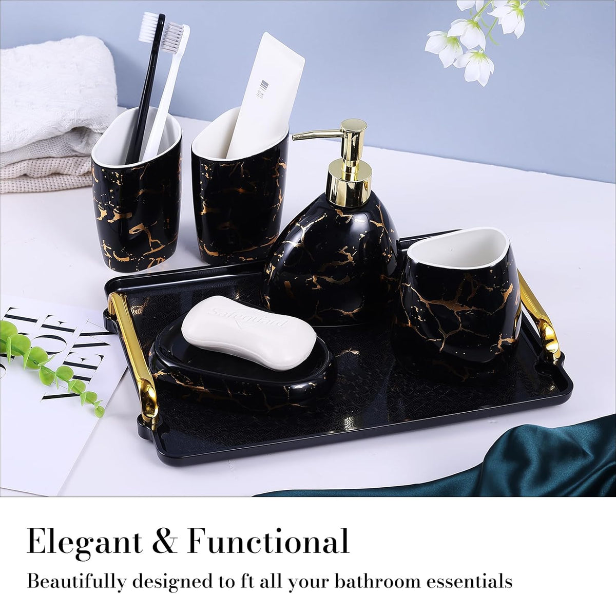White Bathroom Accessories Set,Modern Countertop Bathroom Decor,Luxury 6 Piece Bathroom Accessory Set,Complete with Soap Dispenser,Toothbrush Holder,Tumbler,Tray - PuriLite