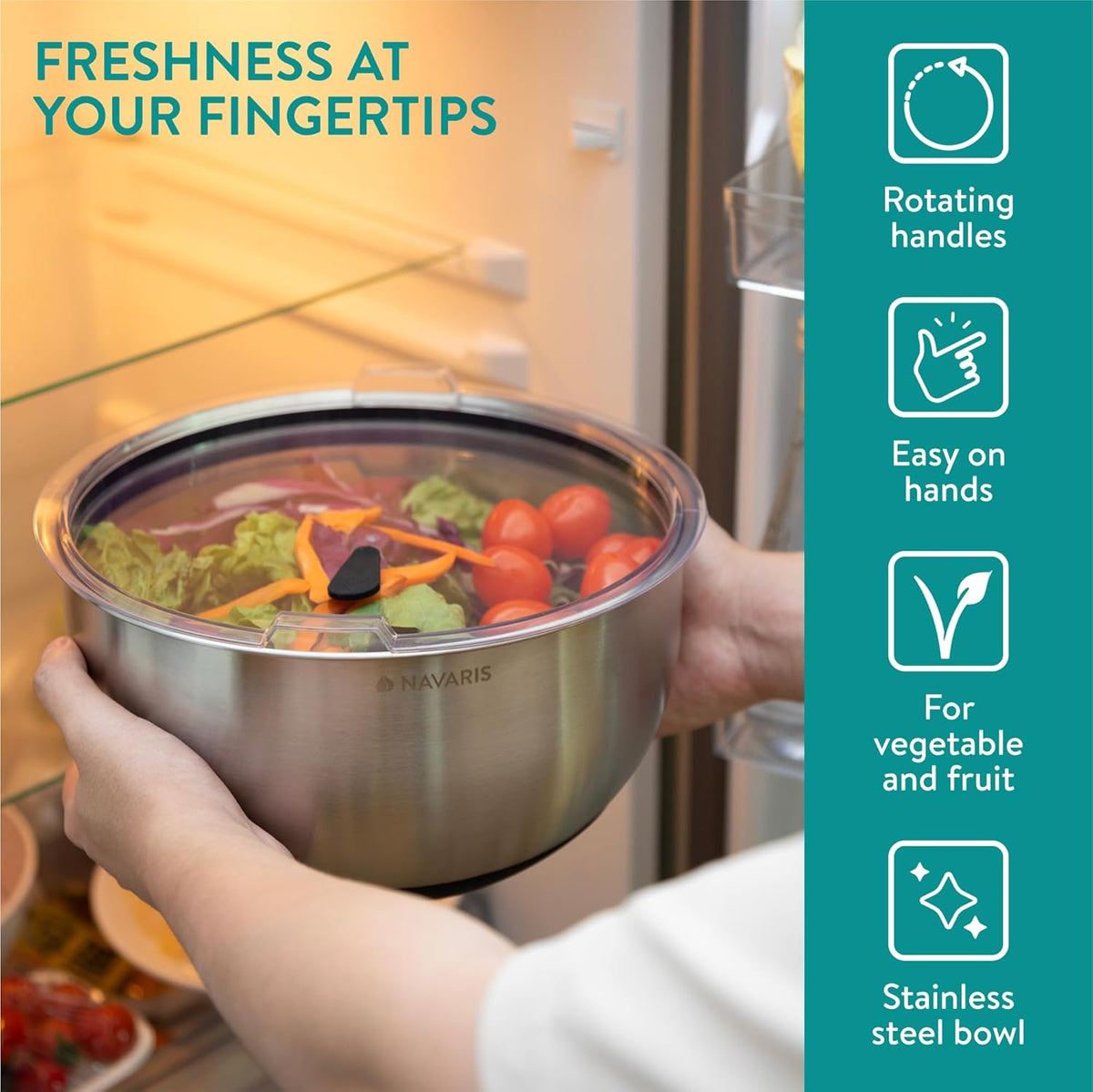 Navaris Salad Spinner with Lid - Salad Spinner Stainless Steel - Salad Dryer - Easy Washing, Drying and Spinning - Includes Grating and Slicing Discs - PuriLite