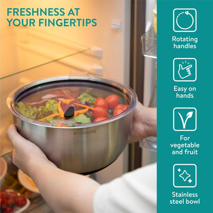 Navaris Salad Spinner with Lid - Salad Spinner Stainless Steel - Salad Dryer - Easy Washing, Drying and Spinning - Includes Grating and Slicing Discs - PuriLite