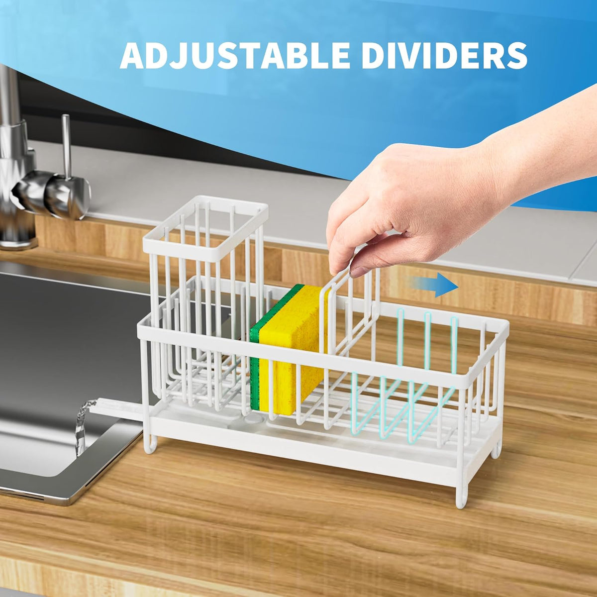 Cisily Sponge Holder for Kitchen Sink, Sink Caddy with High Brush Holder, Organzier Rustproof 304 Stainless Steel Dish Organizer Divider, Soap Dispenser Storage (Black) - PuriLite