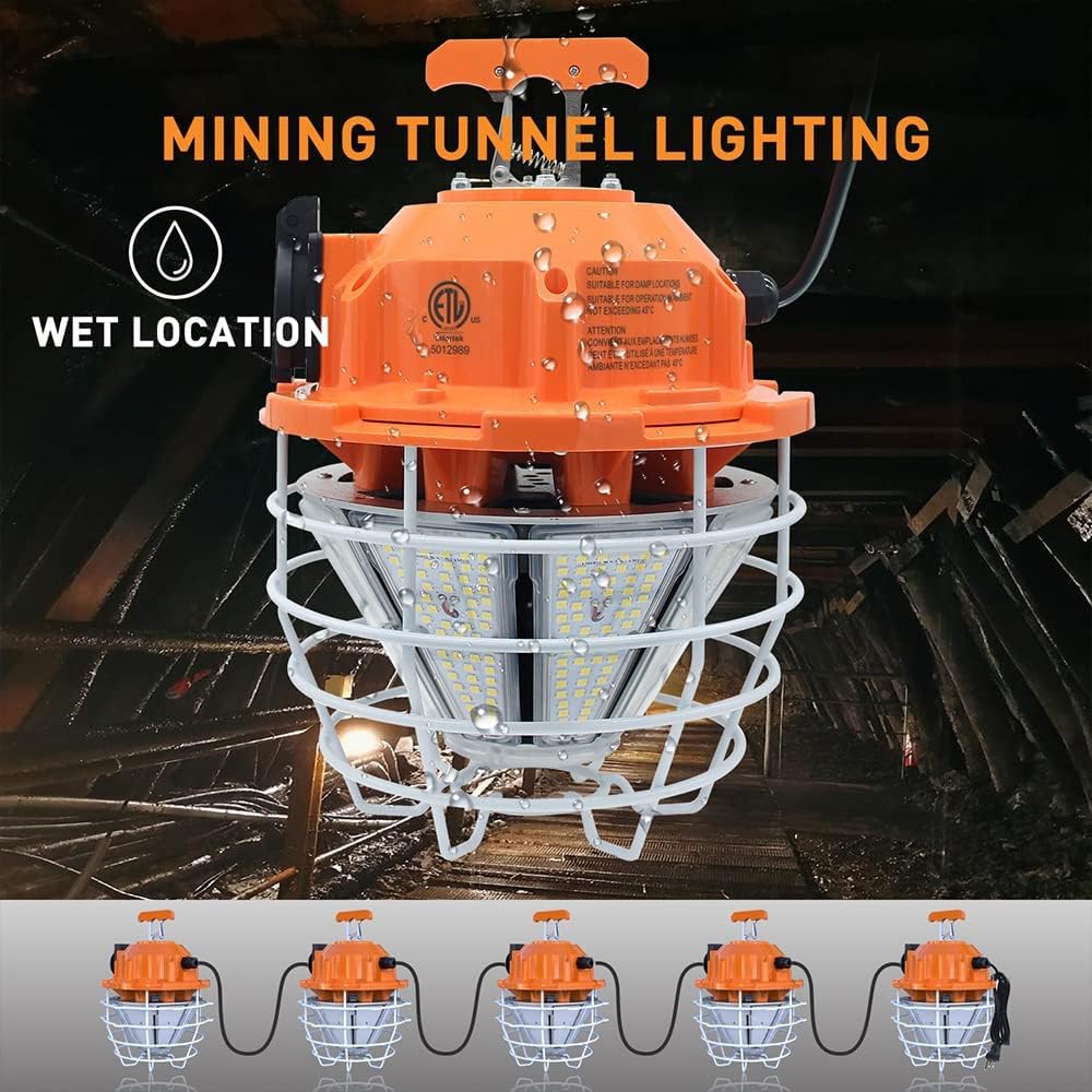 150W High Bay Outdoor Temporary LED Work Light 22500Lm 5000K Daylight White with Stainless Steel Guard and Hook Portable Hanging Lighting for Construction Job Site - PuriLite