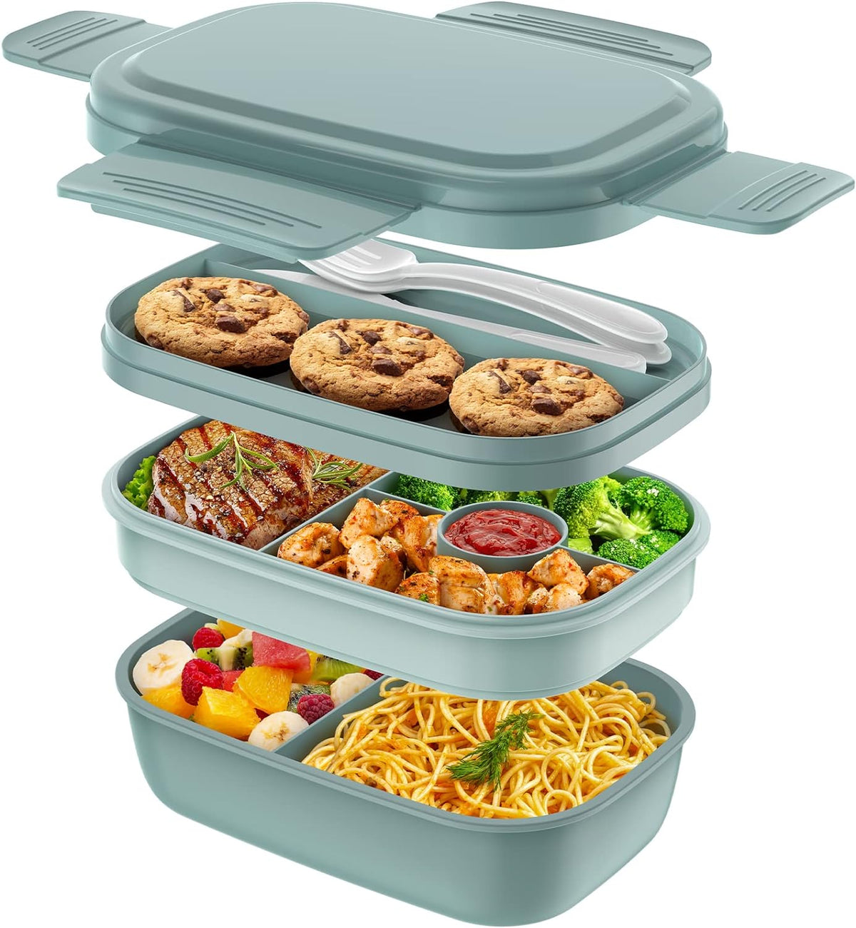Bento Box Adult - 3 Layers Stackable Lunch Containers for Adults & Kids, 72oz Large Salad Containers for Lunch with Utensil Sauce Dressing Containers for Dining Out,Work,Pink - PuriLite