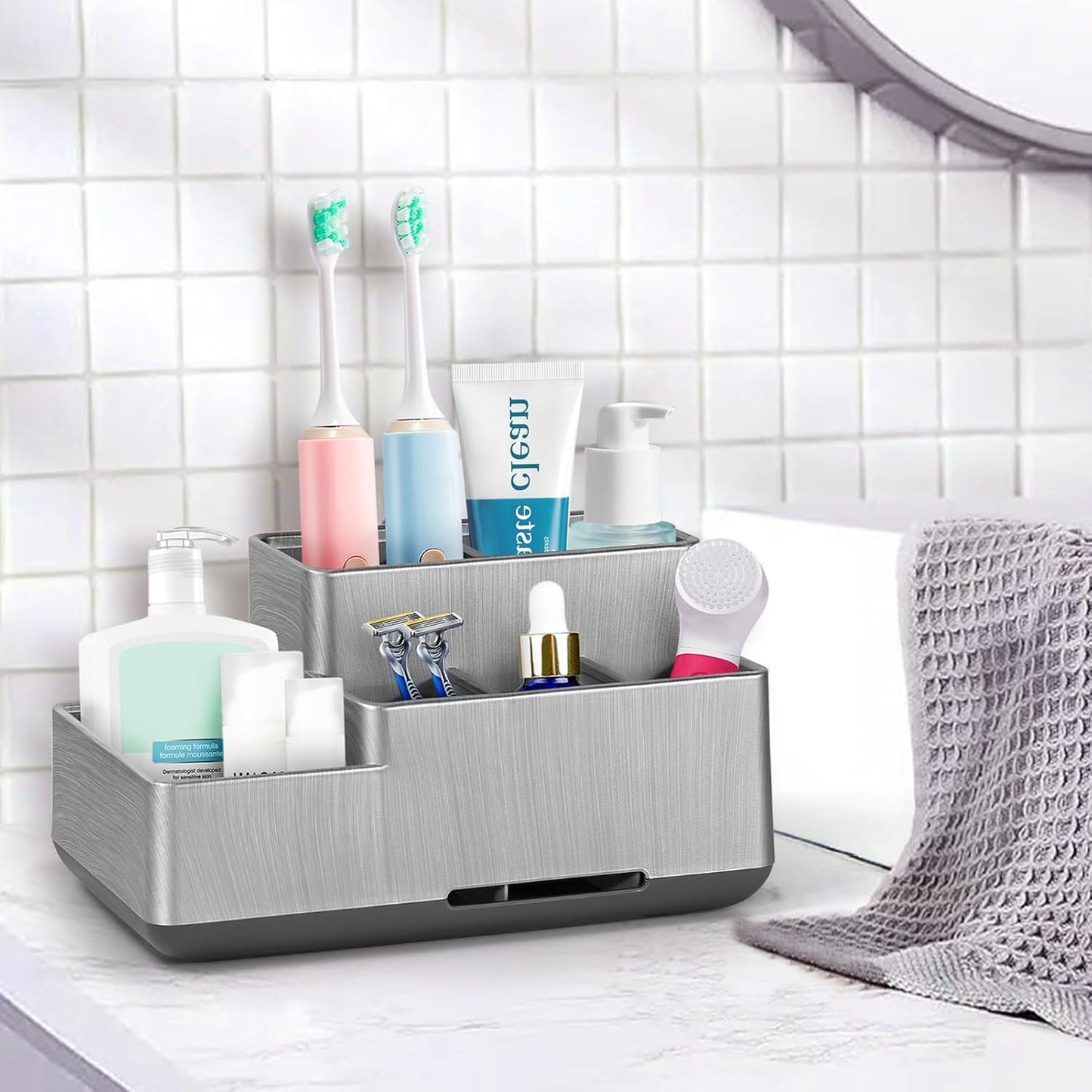Toothbrush Holder, Bathroom Organizers Countertop, 6 Compartments Multifunctional Washroom Organizer for Toothpaste, Cosmetic, Makeup, Office Stationery Pencils（Silver）