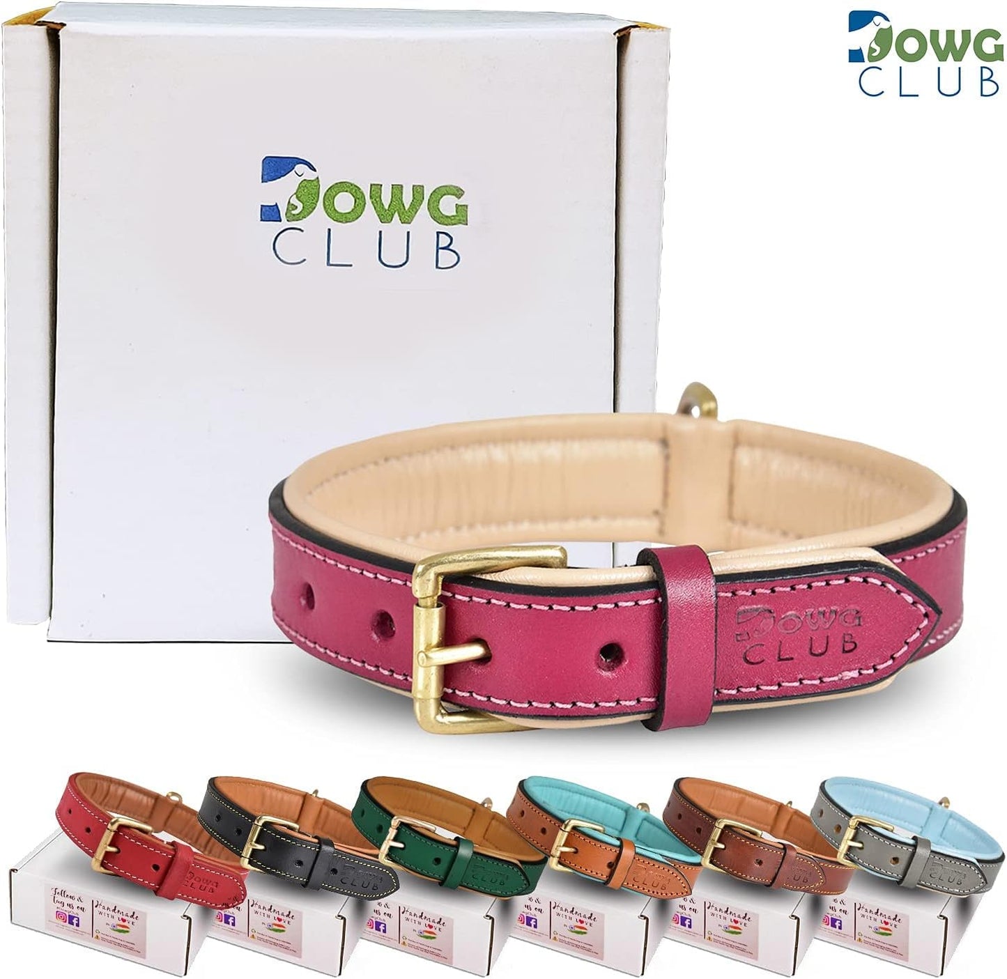 DowgClub | Genuine Leather Dog Collar | Full Grain, Heavy Duty | Comfortable, Strong | Best for Pups, Small, Medium & Large Breeds | Pink, Brown, Black, Tan - PuriLite