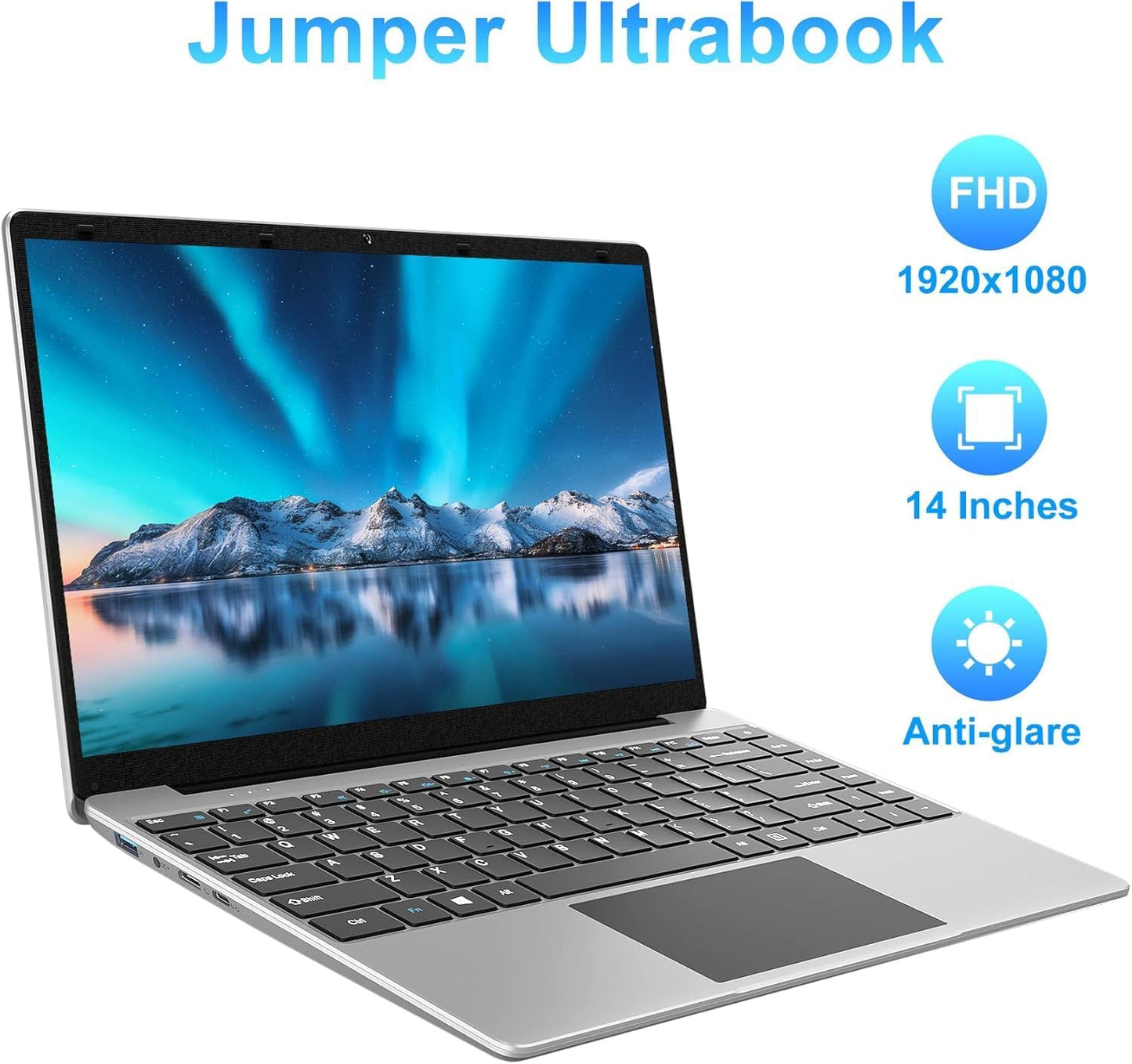 jumper Laptop, 12GB LPDDR4 RAM, 256GB SSD ROM, 14 Inch 1080p FHD IPS Screen, Windows 11 Laptops Computer with Celeron 4-Core Processor, UHD Graphics 600, 2 Stereo Speaker, Lightweight, Portable. - PuriLite