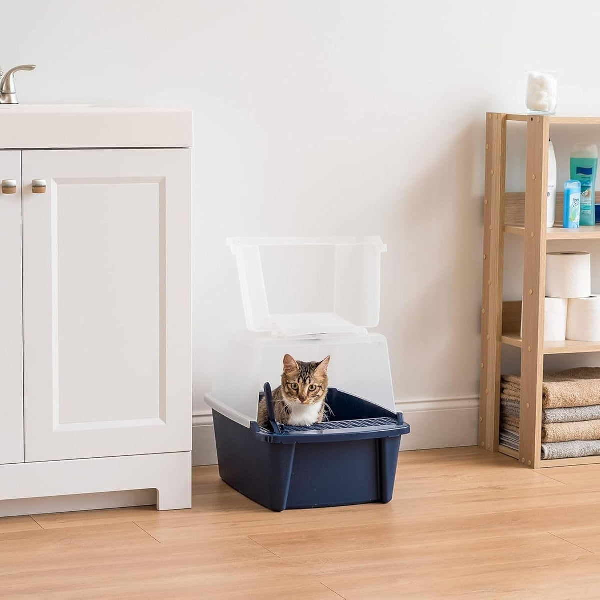 IRIS USA Cat Litter Box, Litter Box Enclosure with Scoop and Front Door Flap, Covered Kitty Litter Box for Privacy, Portable, Easy to Clean, Navy - PuriLite