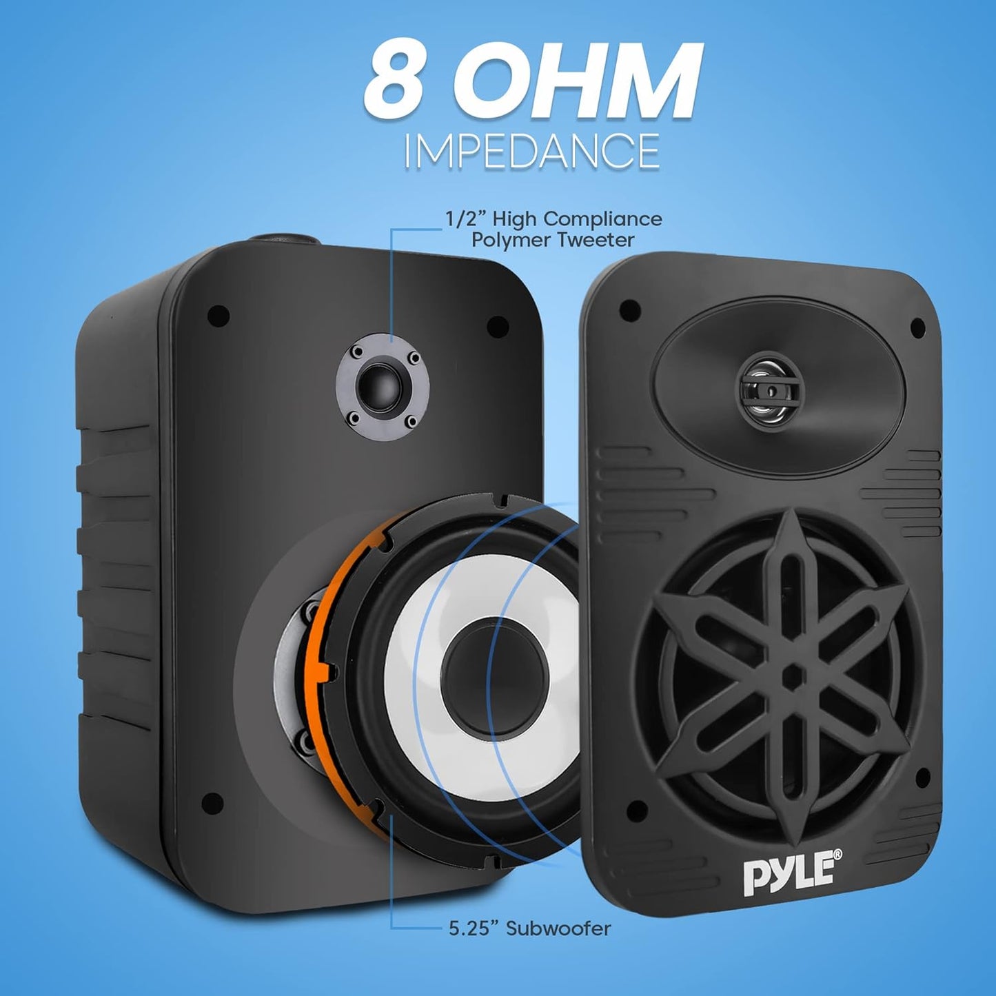 Pyle Indoor Outdoor Speakers Pair - 500 Watt Dual Waterproof 5.25” 2-Way Full Range Speaker System w/ 1/2” High Compliance Polymer Tweeter - in-Home, Boat, Marine, Deck, Patio, Poolside (Black) - PuriLite