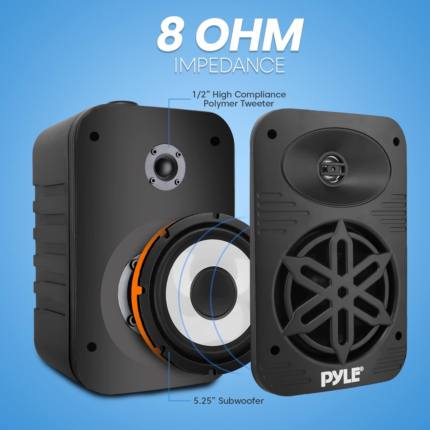 Pyle Indoor Outdoor Speakers Pair - 500 Watt Dual Waterproof 5.25” 2-Way Full Range Speaker System w/ 1/2” High Compliance Polymer Tweeter - in-Home, Boat, Marine, Deck, Patio, Poolside (Black) - PuriLite