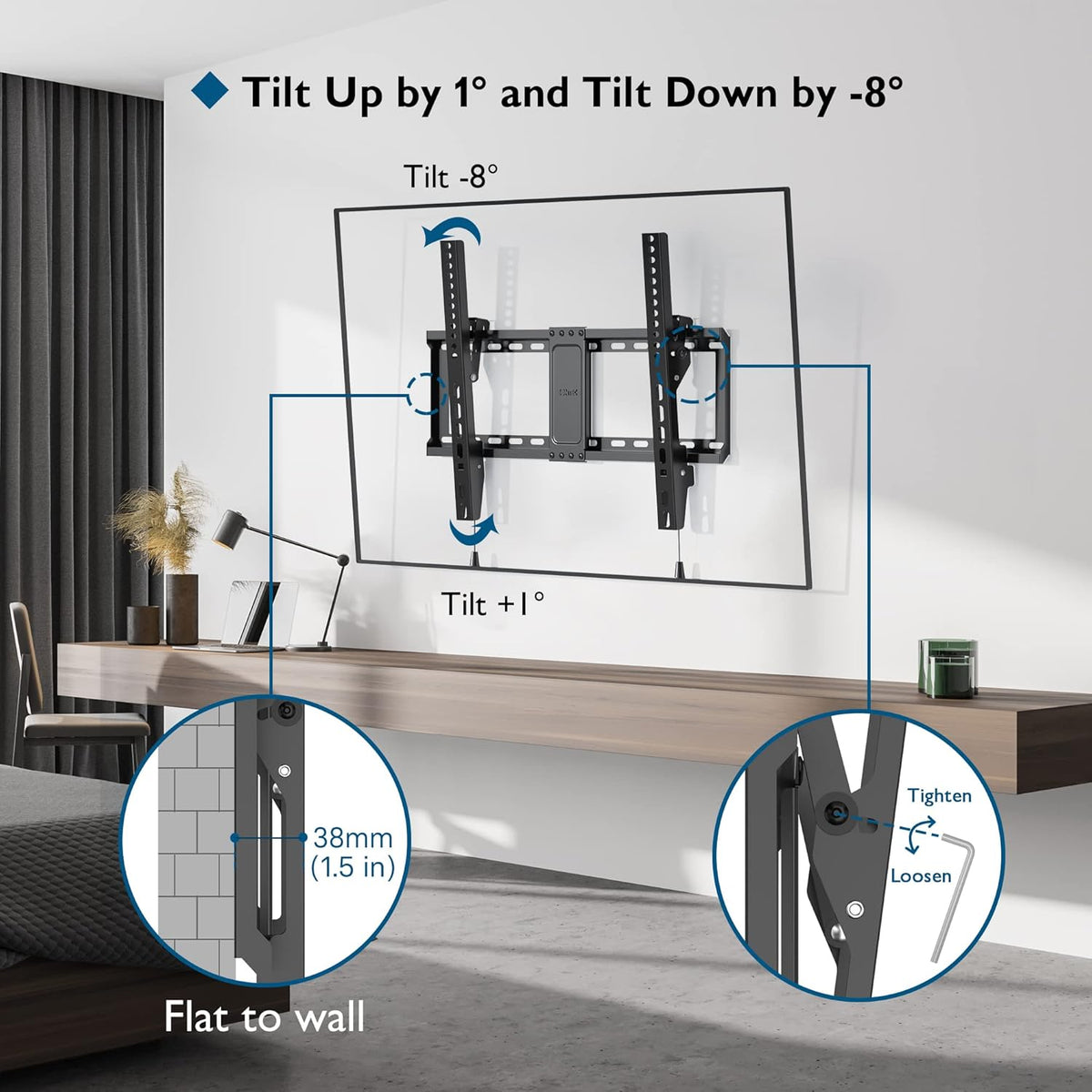 BONTEC TV Wall Mount for 37–85 Inch TVs, Tilting TV Mount Bracket for LED LCD OLED Flat Curved Screens, Low Profile 1.5in Design, Max VESA 600x400mm, Supports up to 132lbs, Fits 55 65 75 85 Inch - PuriLite