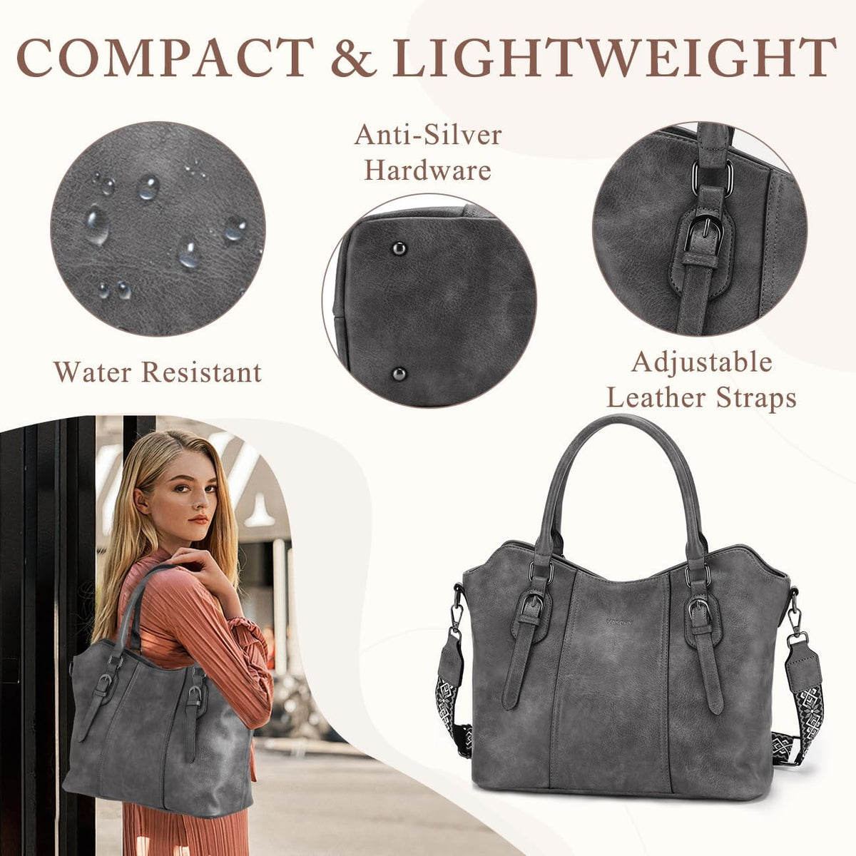 Hobo Bags for Women,VASCHY Vegan Leather Handbag Purse Top Handle Satchel Boho Shoulder Bag with Crossbody Guitar Strap - PuriLite