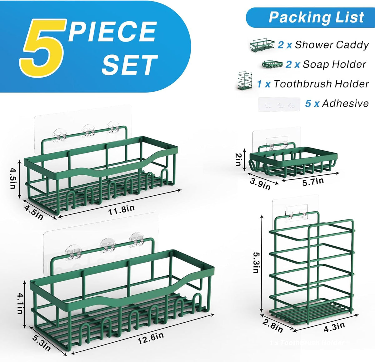 EUDELE 5-Pack Rustproof Stainless Steel Shower Caddy – No Drill Adhesive Bathroom Organizer with Large Capacity, Spacious Shower Shelves for Inside Shower, Kitchen & Home Decor Storage - PuriLite