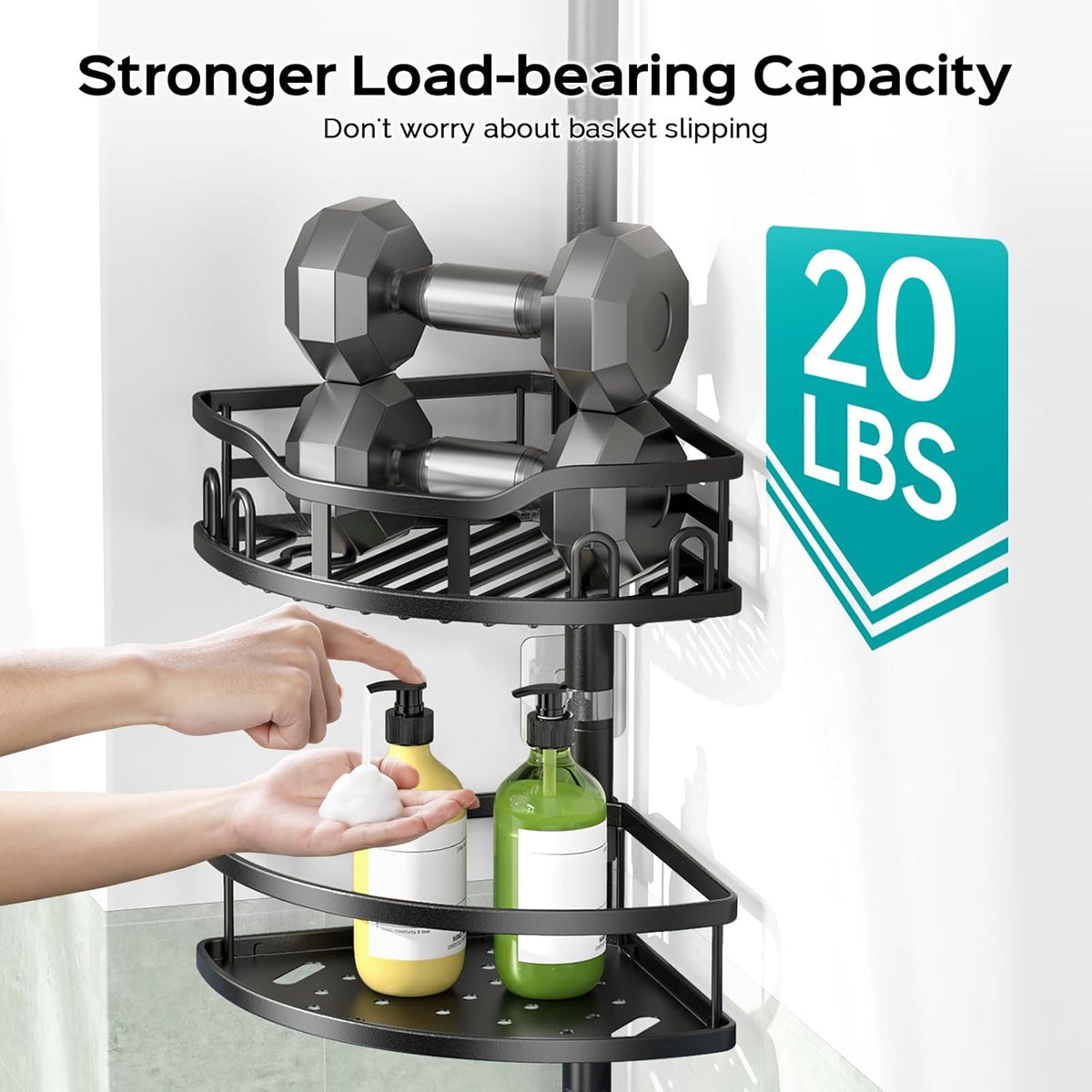 HAMITOR Corner Shower Caddy Tension Pole: High Capacity 4-Tier Rustproof Bathroom Organizer Shelves for Small Bathrooms - 47-121 inch Adjustable Floor Standing Bath Rack Holder - Black - PuriLite