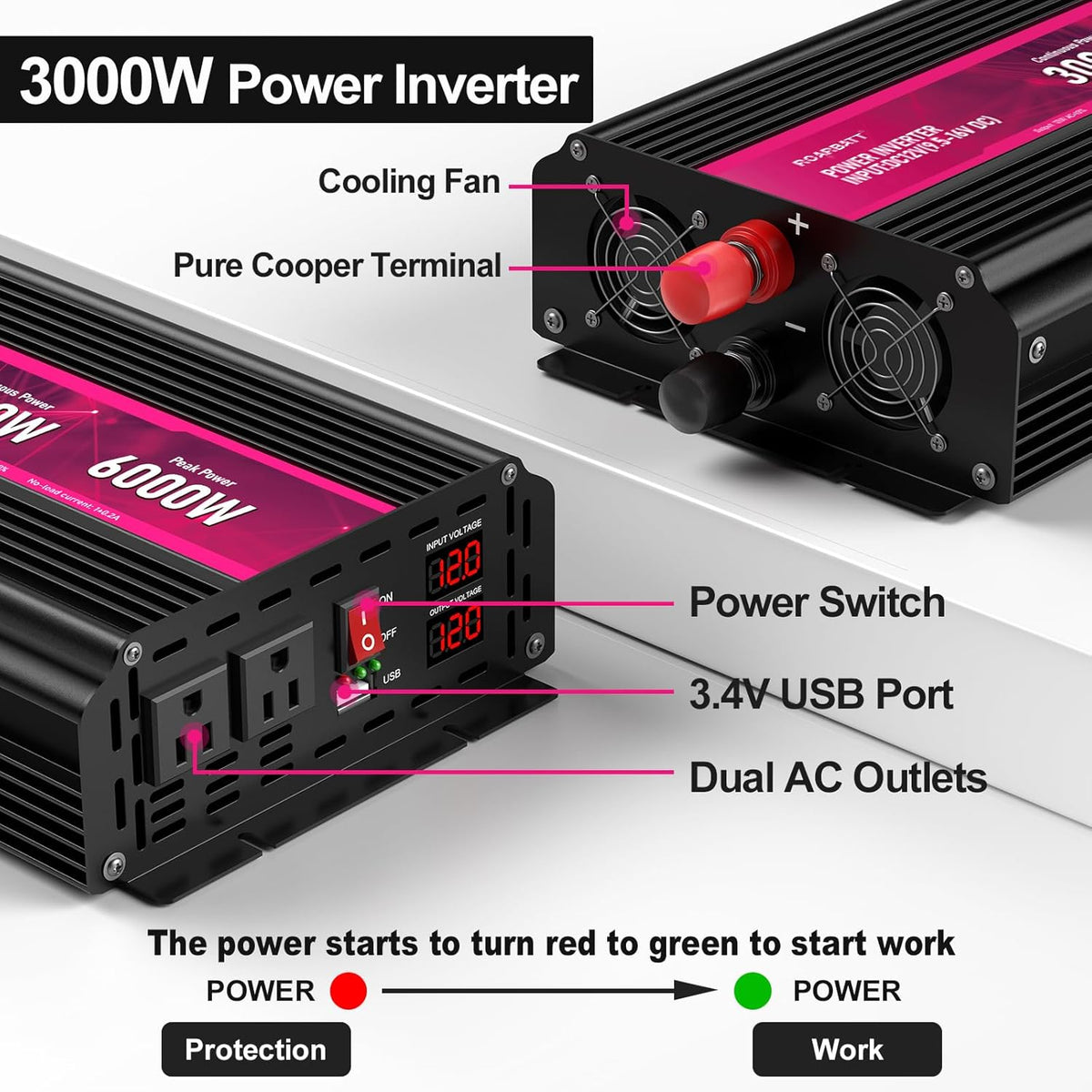 3000W Power Inverter,12V DC to AC 110V120V Peak Power 6000W with 2AC Outlets and 2.4USB Port,LCD Display Car Inverter for Outdoor Activities,Emergency - PuriLite
