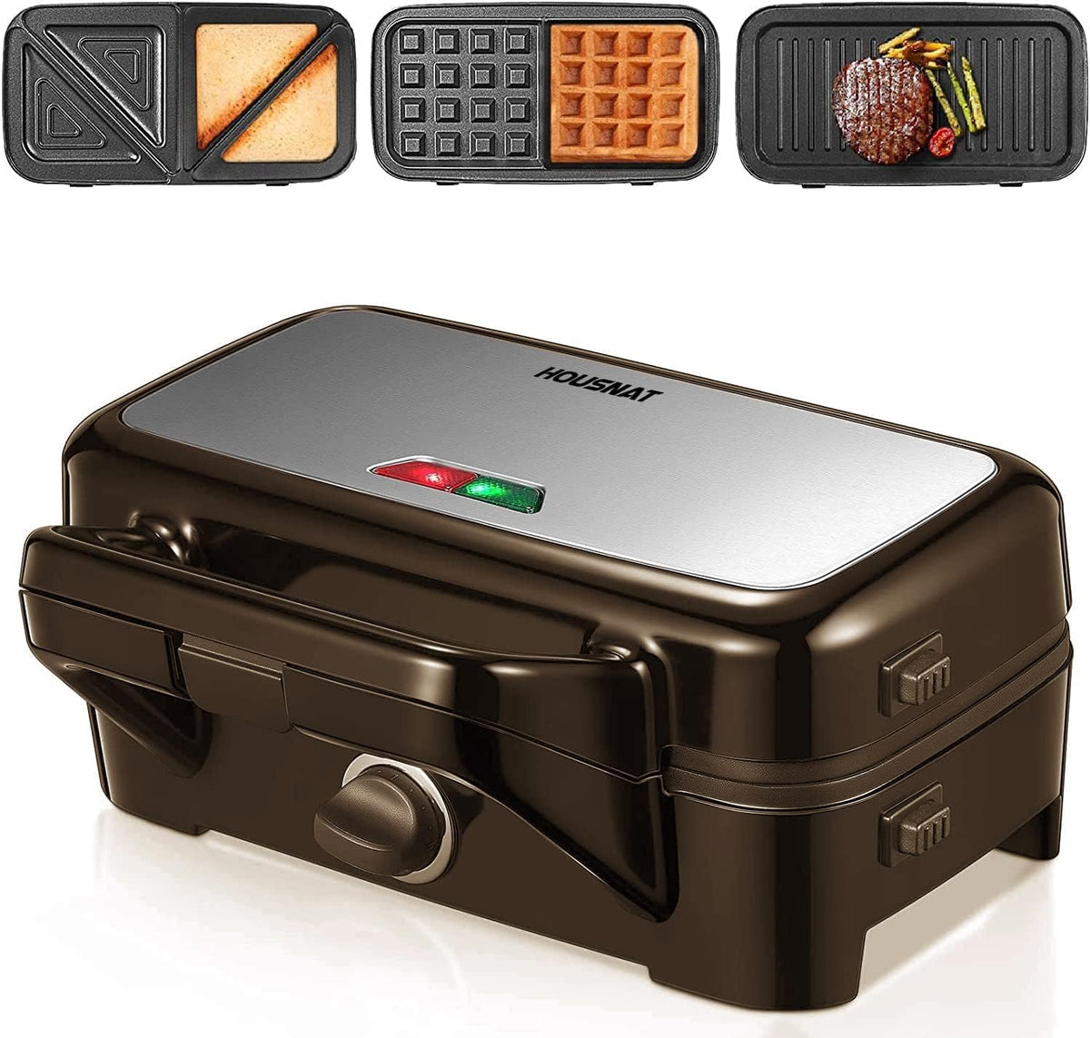 HOUSNAT 3 in 1 Sandwich Maker, Waffle Maker with Removable Plates, 1200W Panini Press with Interchangeable Non-Stick Plates, Indicator Lights, 5-gear Temperature Control, Silver/Black - PuriLite