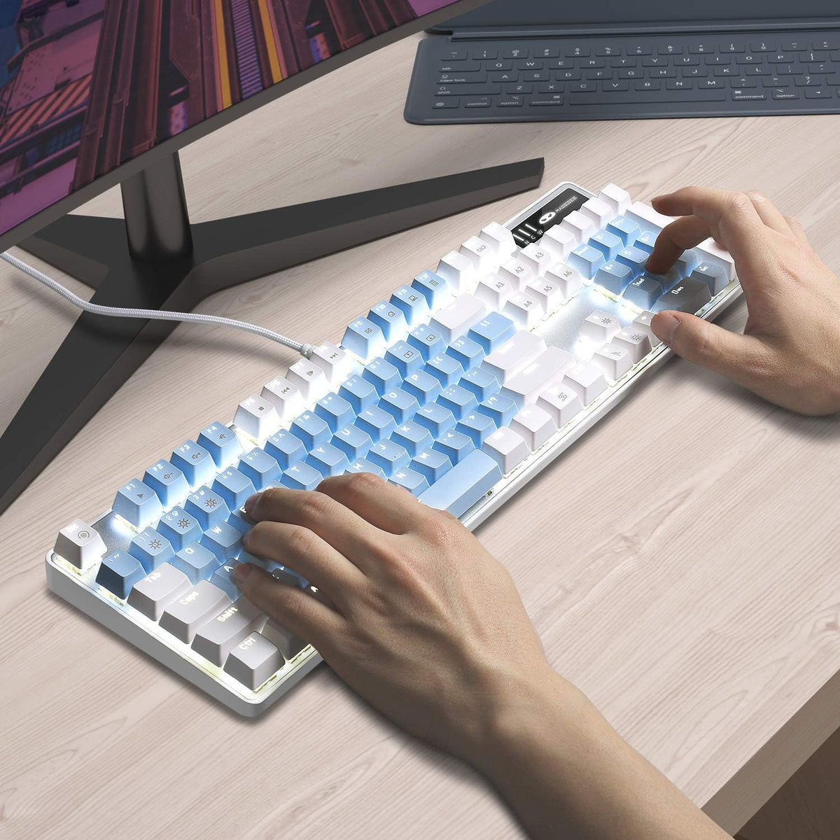 Mechanical Gaming Keyboard, 104 Keys White Backlit Mechanical Keyboards with Red Switches & Double-Shot Keycaps, MageGee Wired Ergonomic Computer Keyboard for Desktop, PC Gamers (White & Blue) - PuriLite