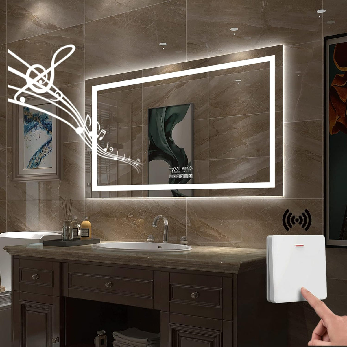 Gesipor 40"x32" Bathroom LED Mirror with Wireless Speaker Wall Switch - Lighted Vanity Mirrors for Bathroom Wall Mounted Backlit, Dimmable Light 3000K/6000K Anti-Fog Makeup Smart Mirror (Horizontal) - PuriLite